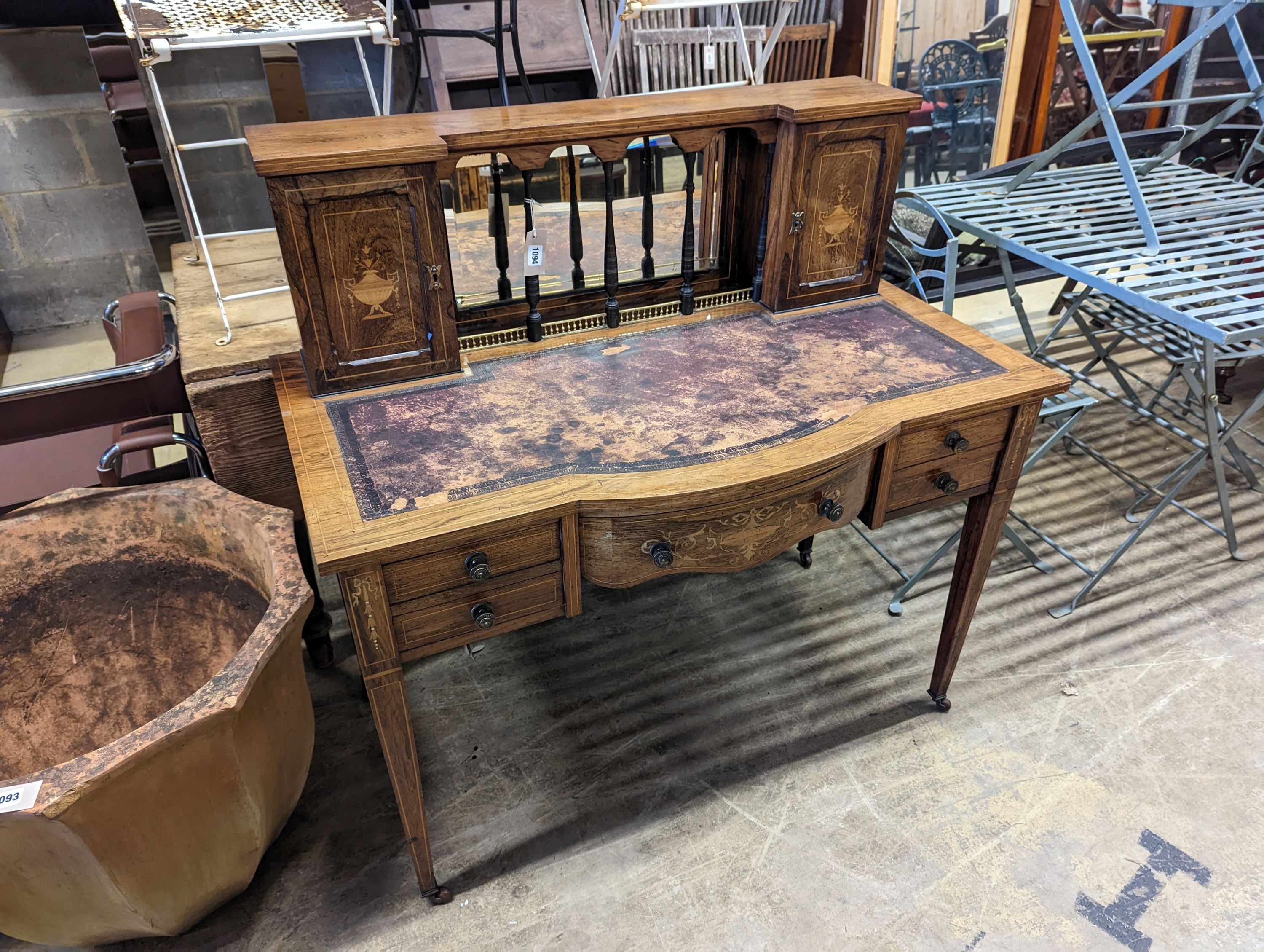 A late Victorian marquetry inlaid rosewood writing desk, length 107cm, depth 55cm, height 102cm